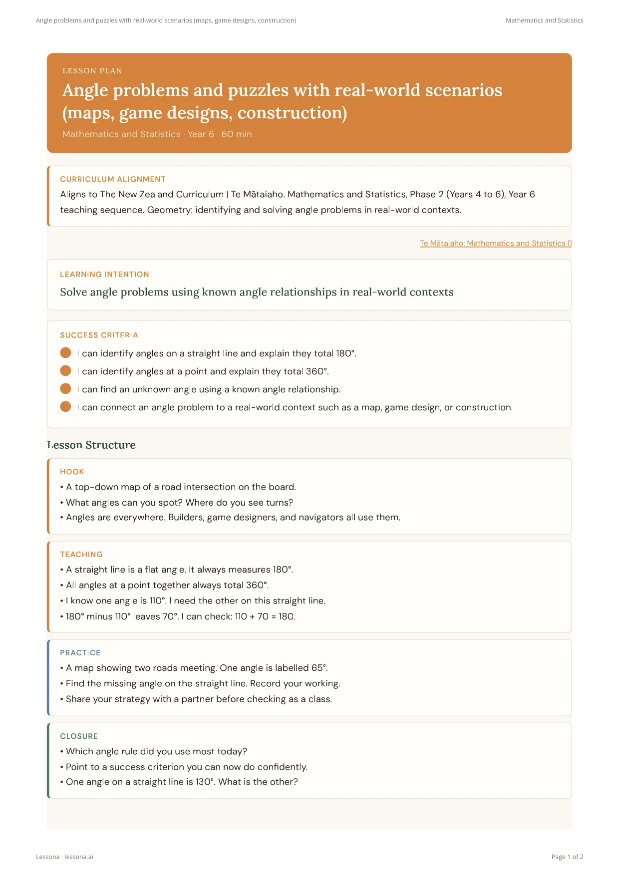 Angle Problems and Puzzles lesson plan, Maths · Year 6