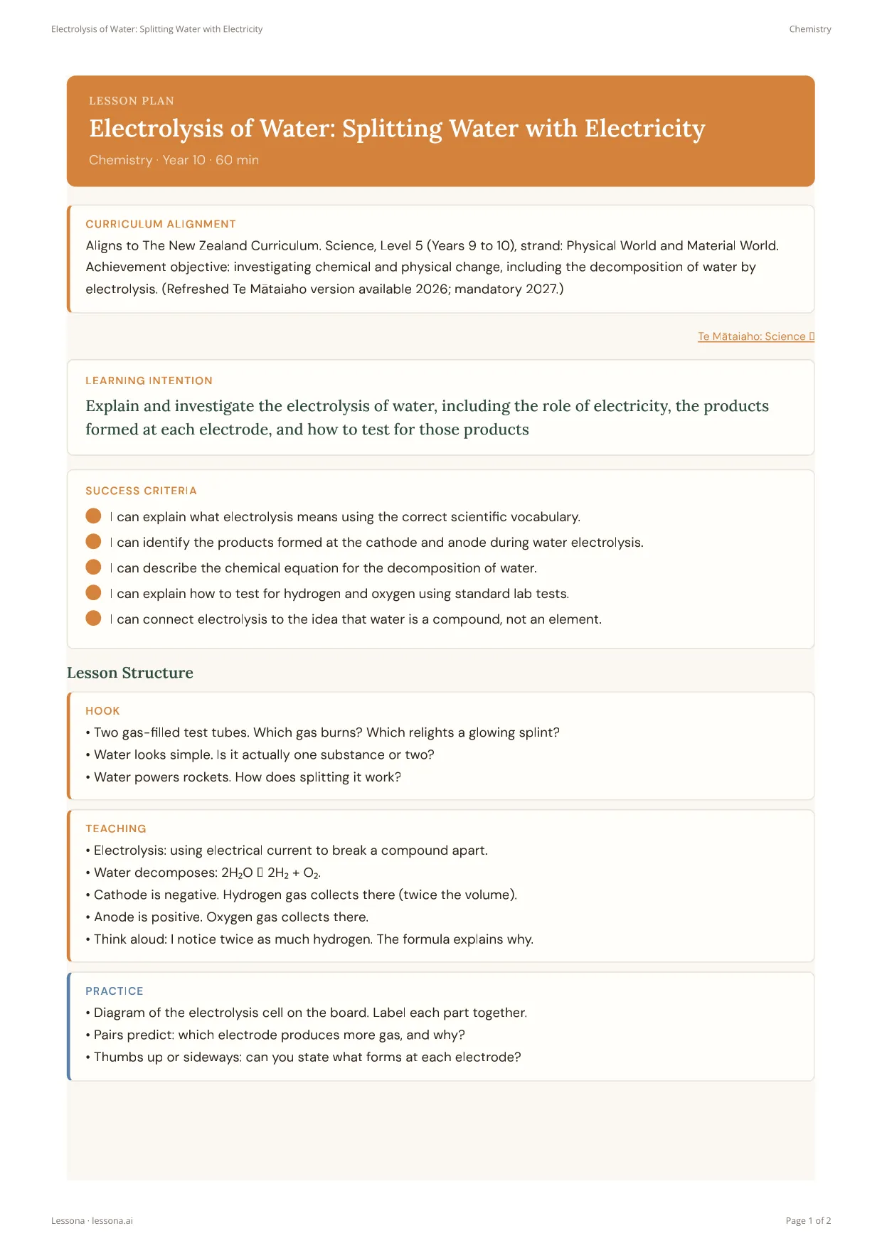 Electrolysis of Water lesson plan, Chemistry · Year 10