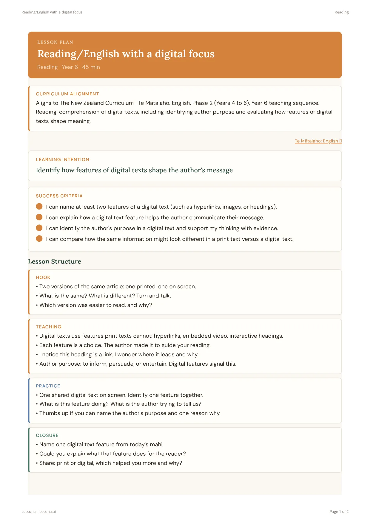 Reading with a Digital Focus lesson plan, Reading · Year 6