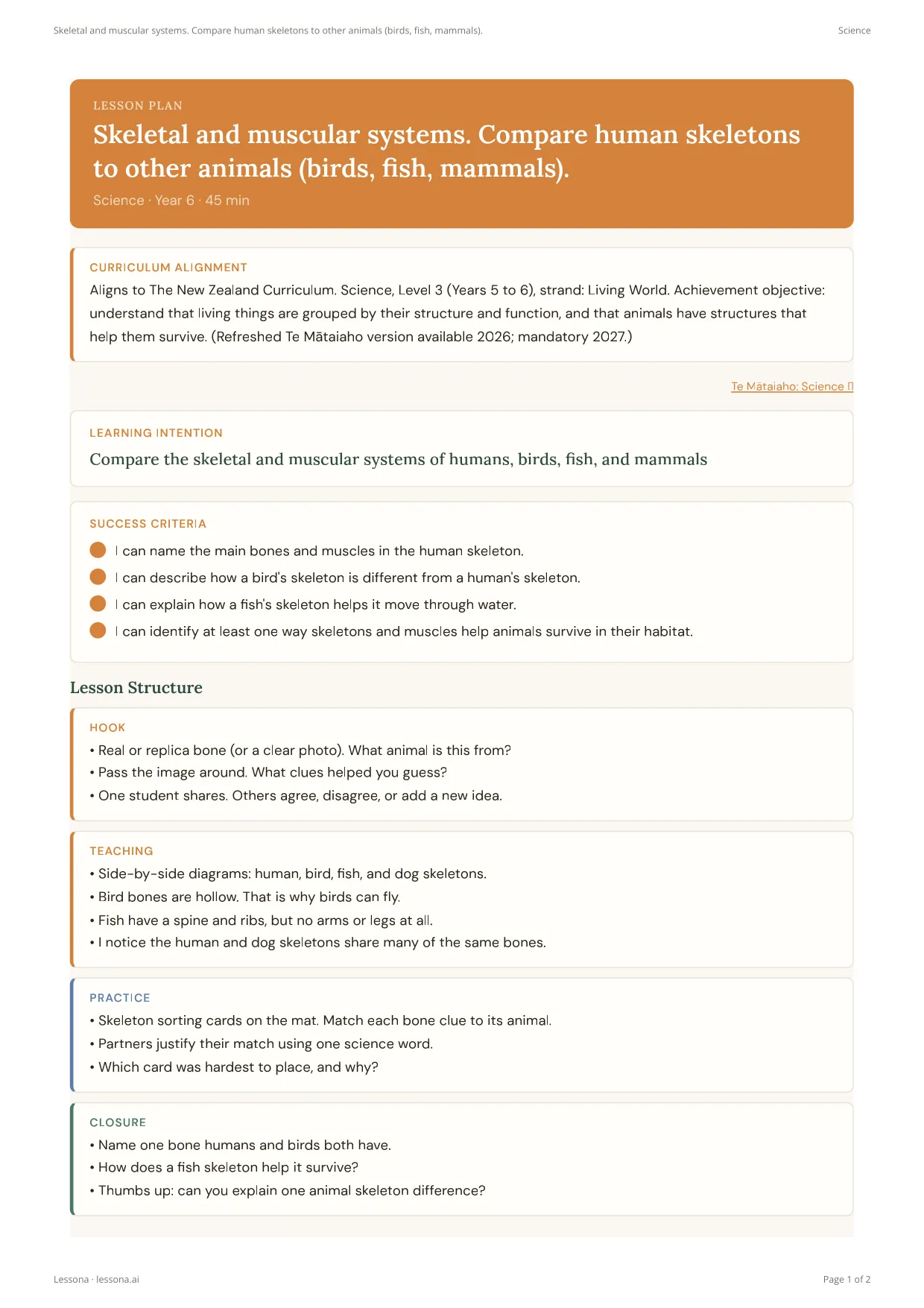 Skeletal and Muscular Systems lesson plan, Science · Year 6