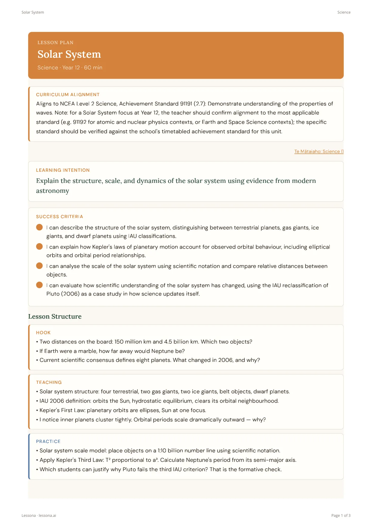 Solar System lesson plan, Science · Year 12