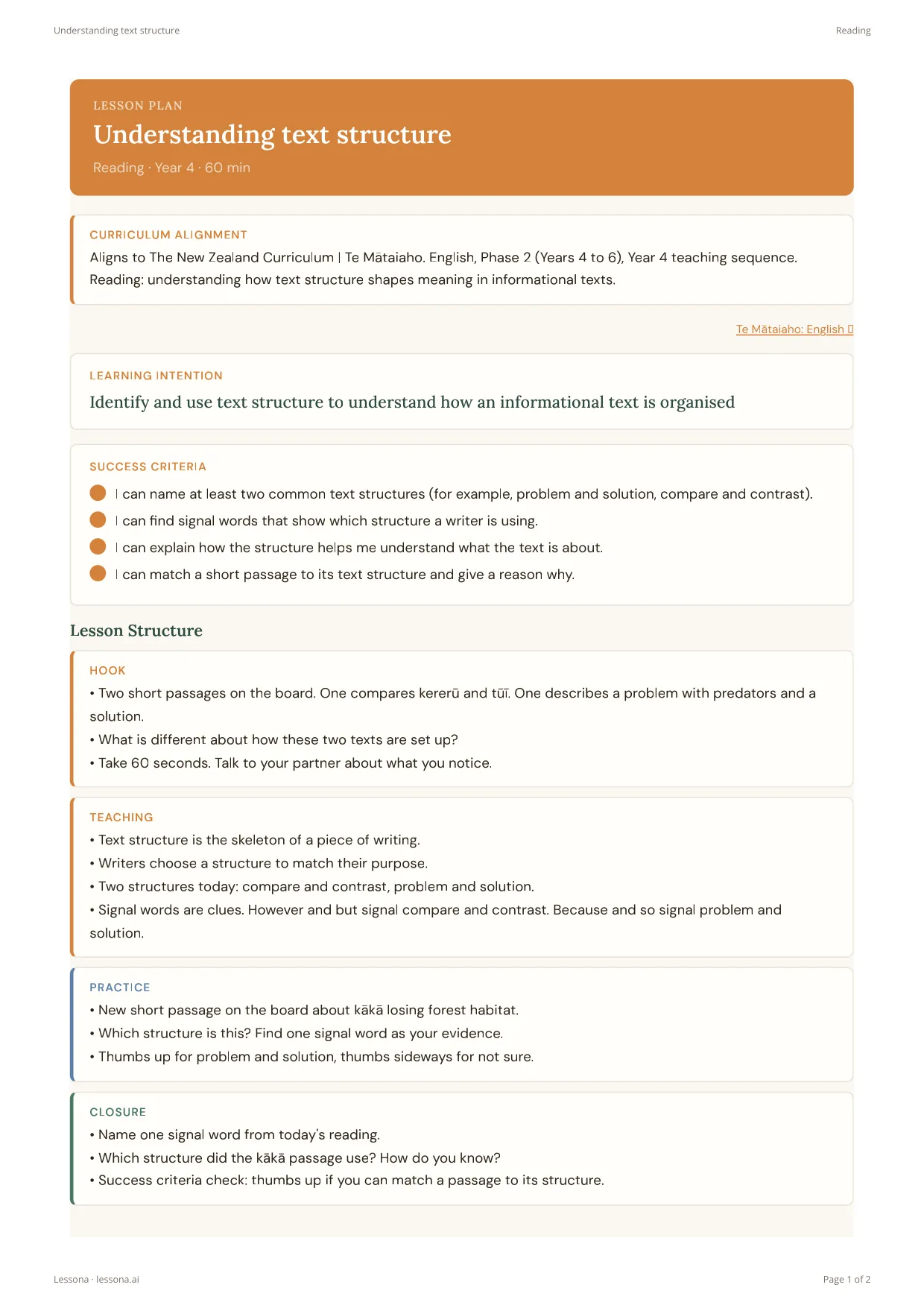 Understanding Text Structure lesson plan, Reading · Year 4
