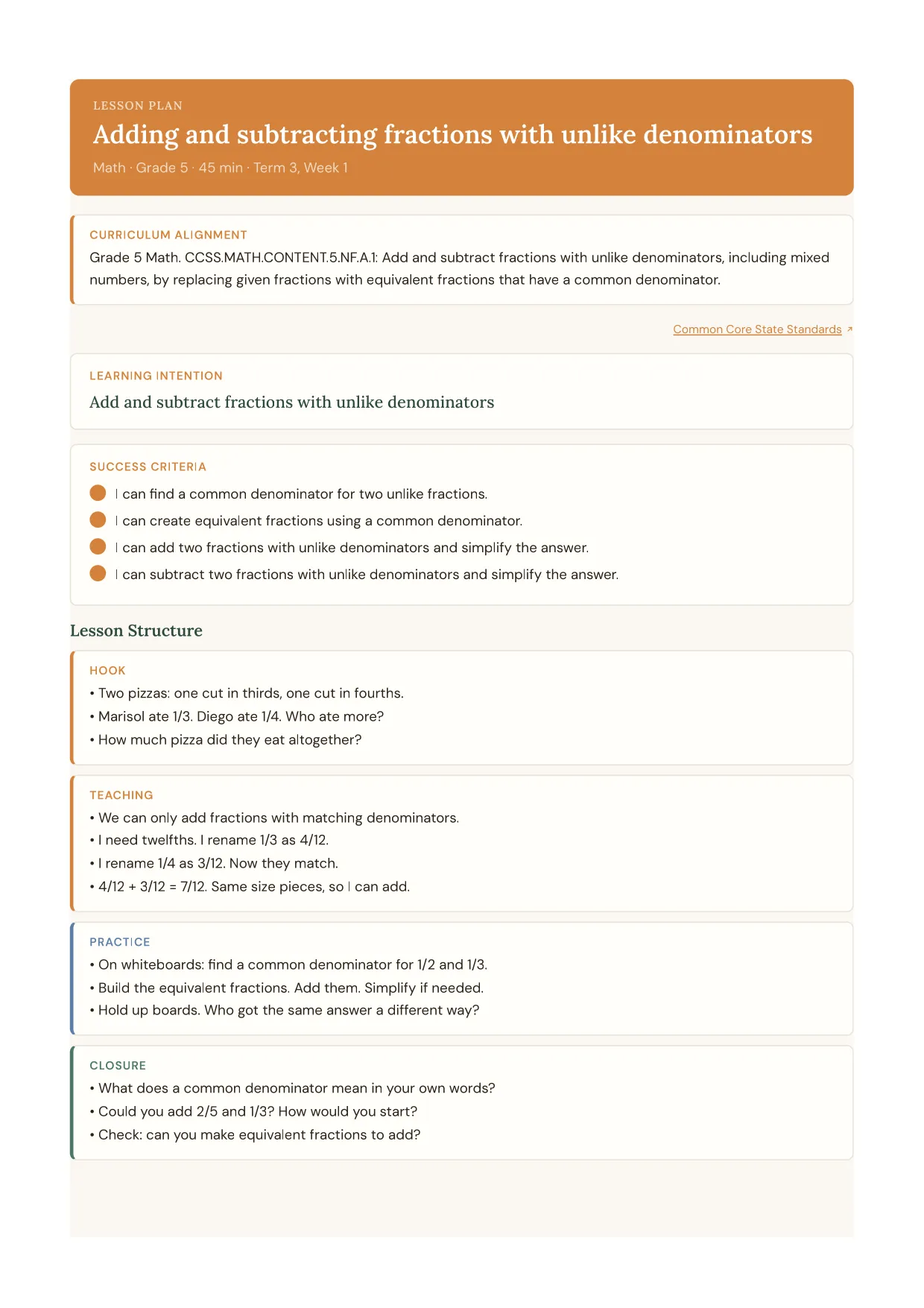 Adding and subtracting fractions with unlike denominators lesson plan, Math · Grade 5