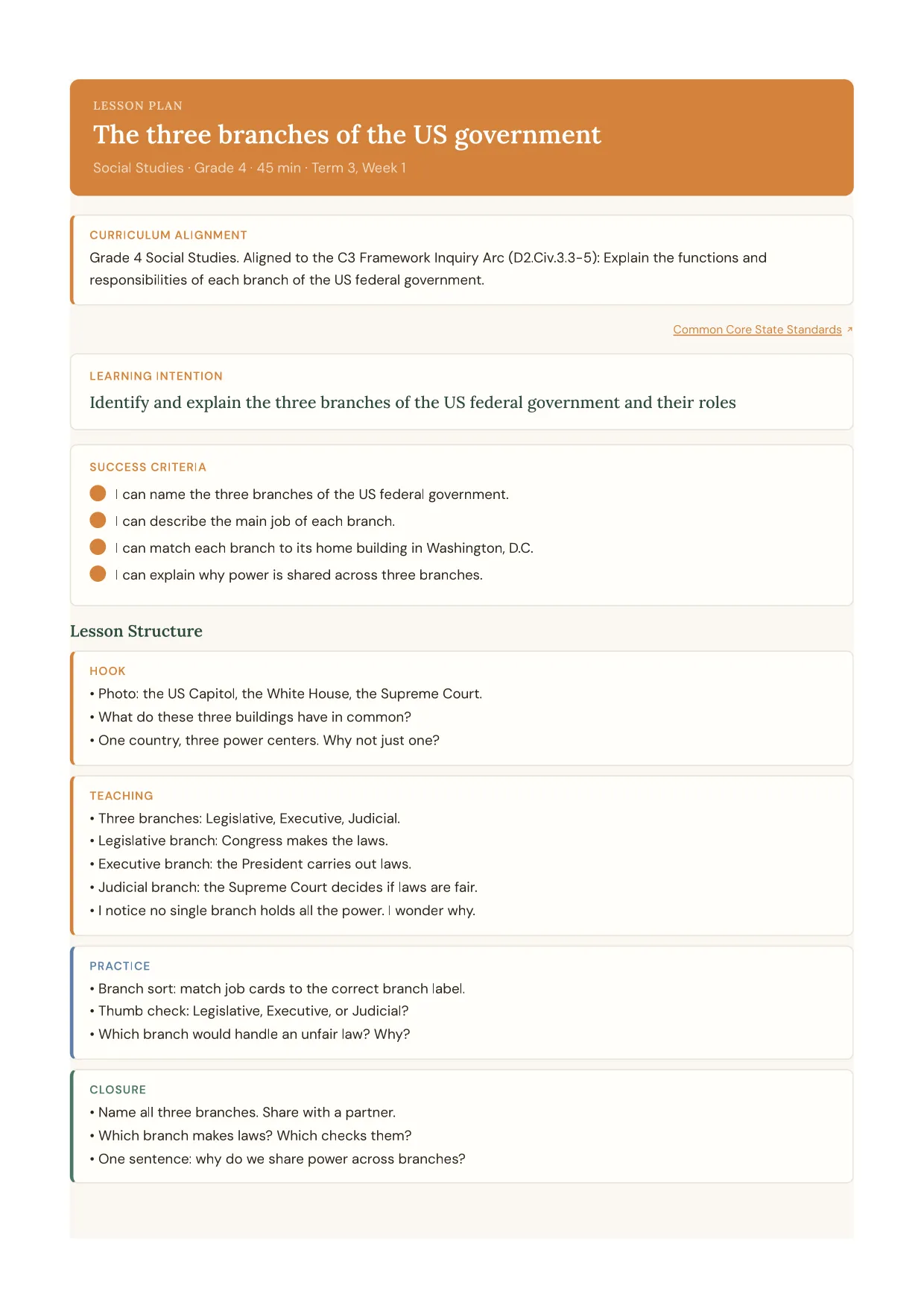 The three branches of the US government lesson plan, Social Studies · Grade 4