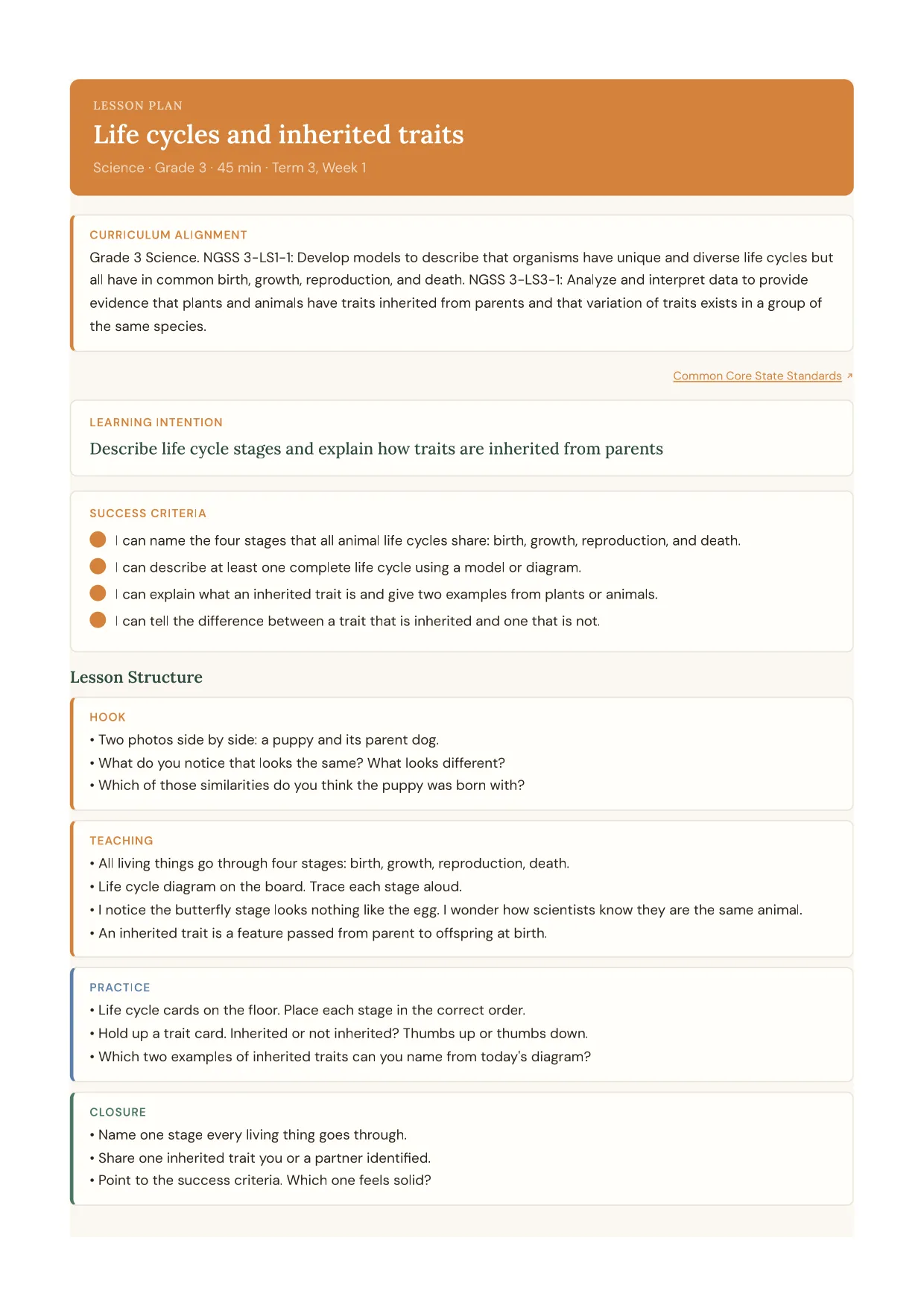 Life cycles and inherited traits lesson plan, Science · Grade 3