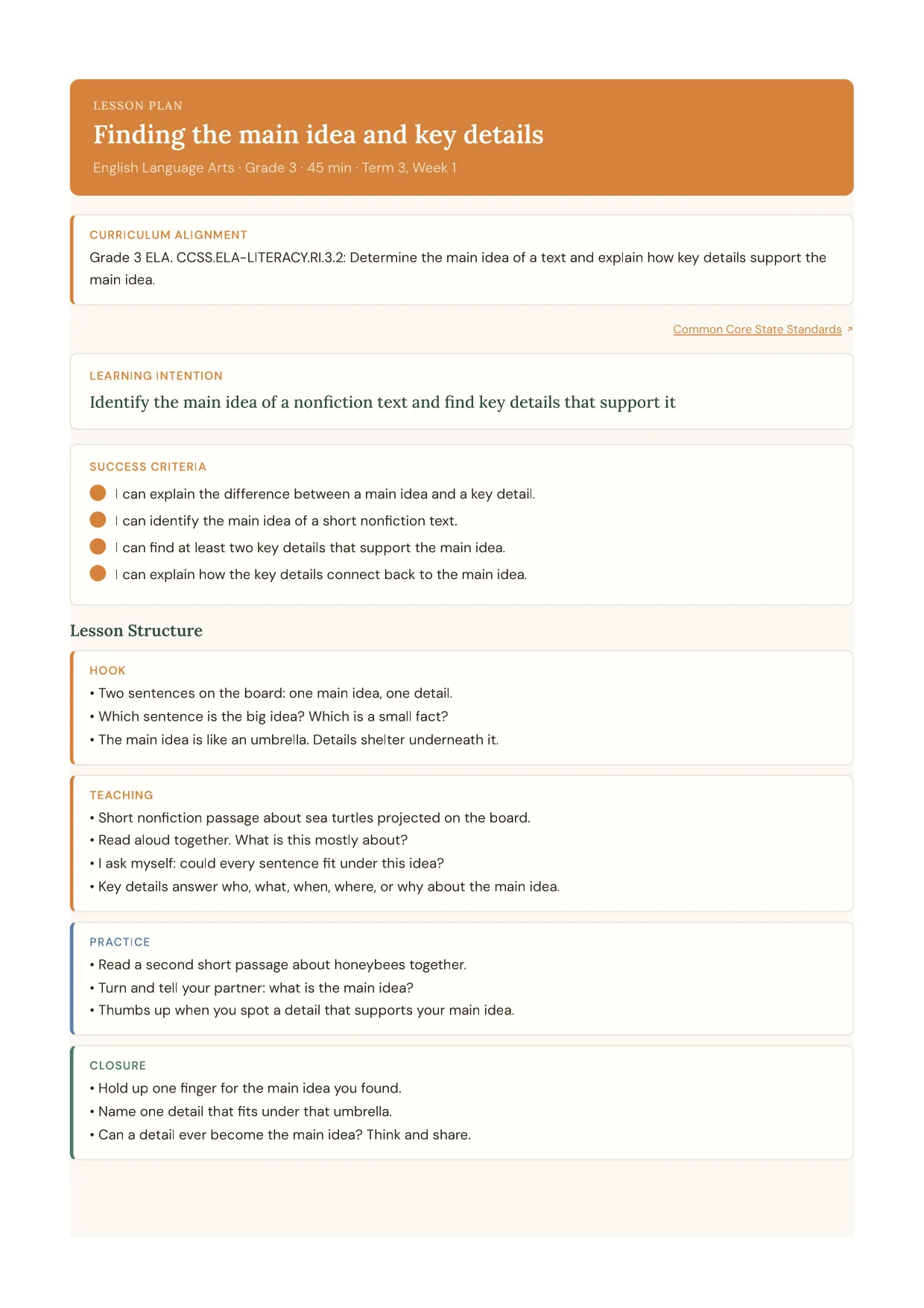 Finding the main idea and key details lesson plan, English Language Arts · Grade 3
