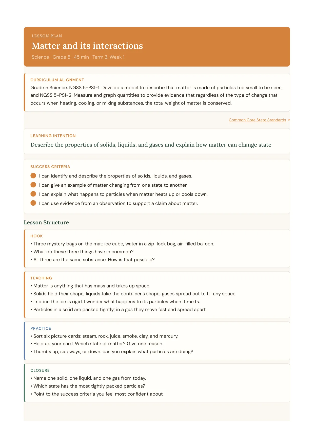 Matter and its interactions lesson plan, Science · Grade 5