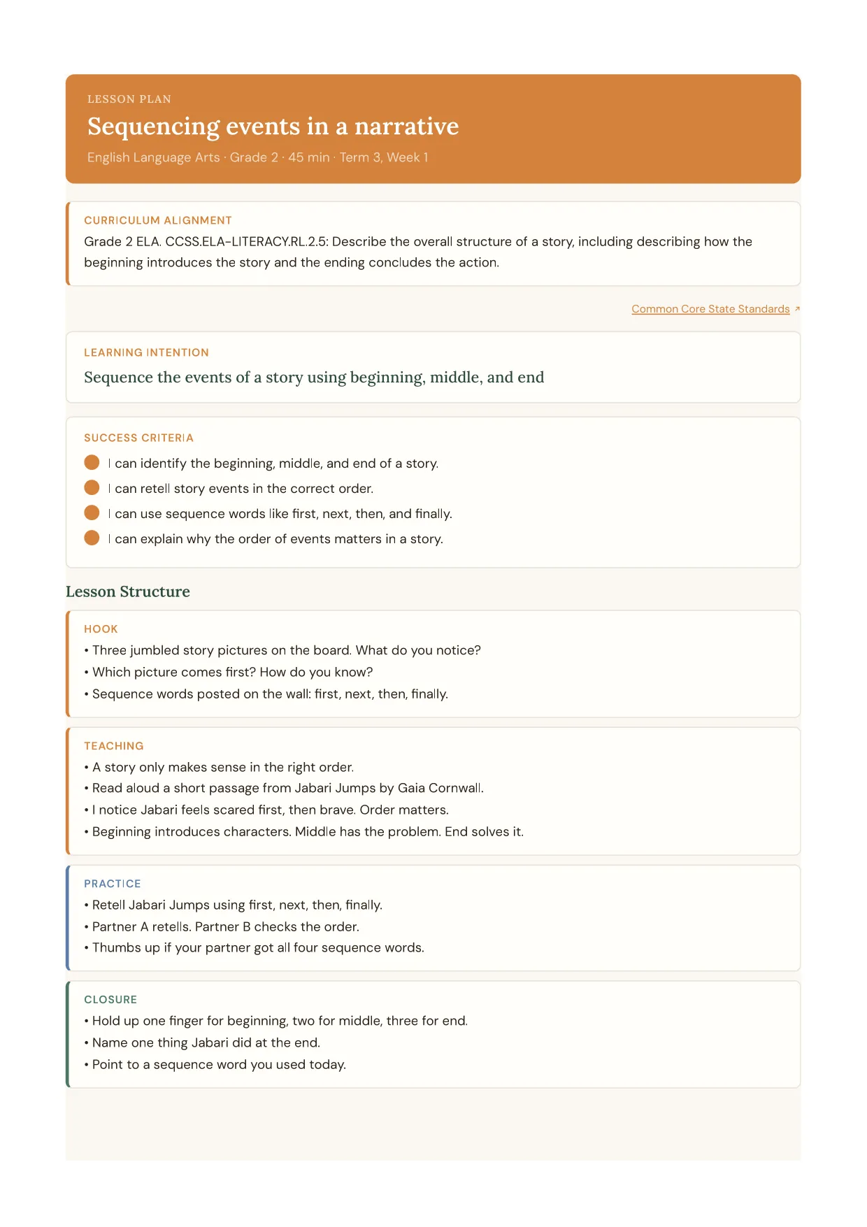 Sequencing events in a narrative lesson plan, English Language Arts · Grade 2