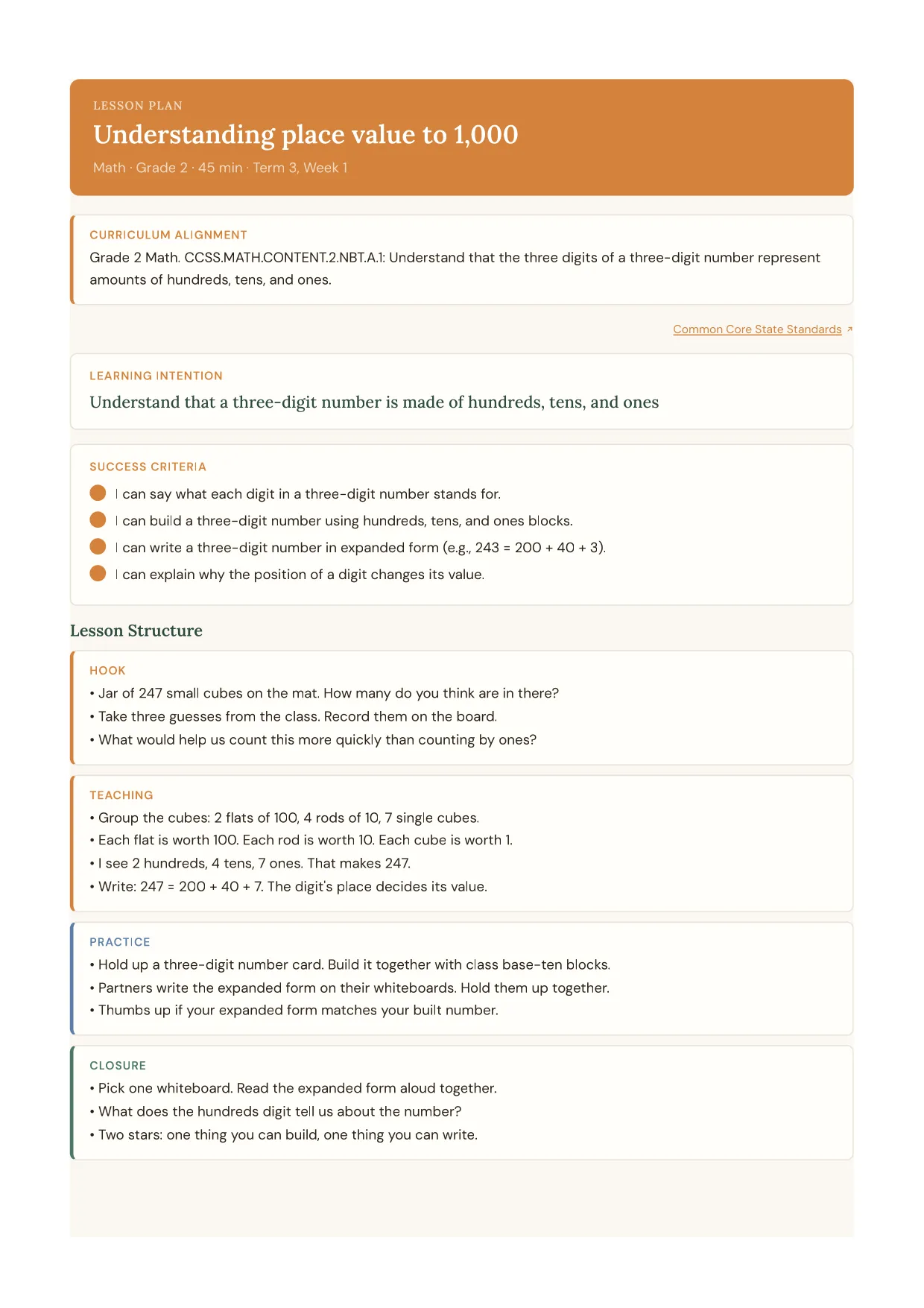 Understanding place value to 1,000 lesson plan, Math · Grade 2