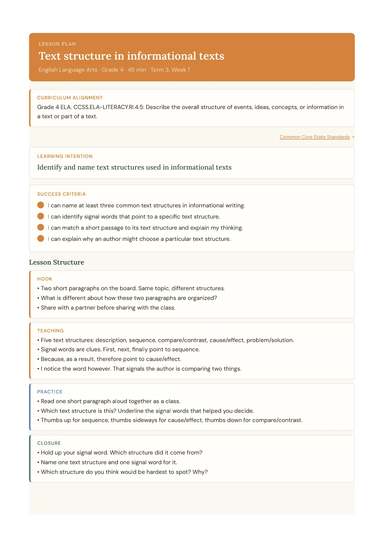 Text structure in informational texts lesson plan, English Language Arts · Grade 4