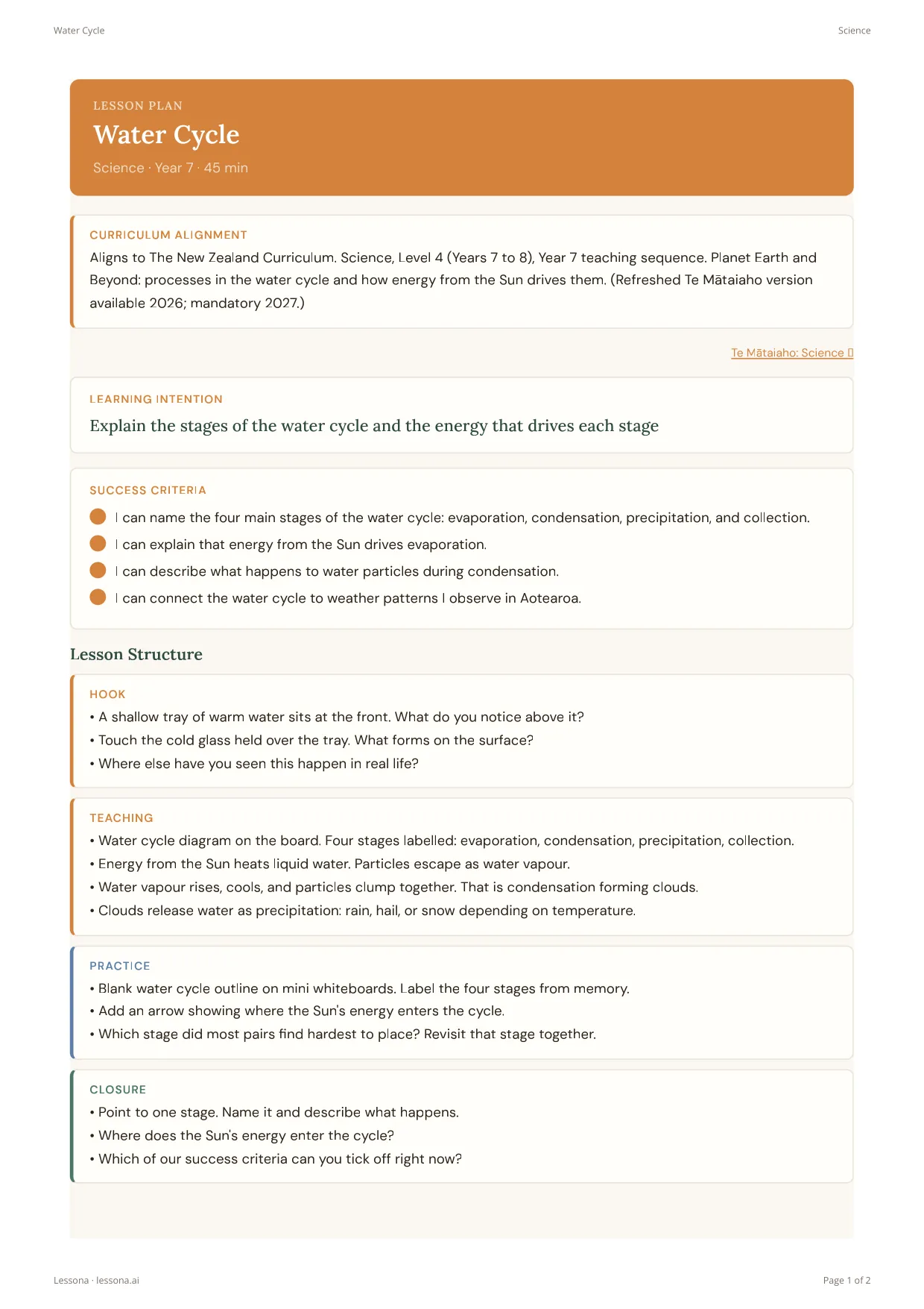 Water Cycle lesson plan, Science · Year 7