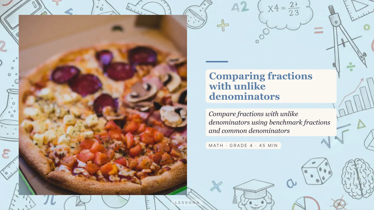 Comparing fractions with unlike denominators presentation, Math · Grade 4 · 9 slides