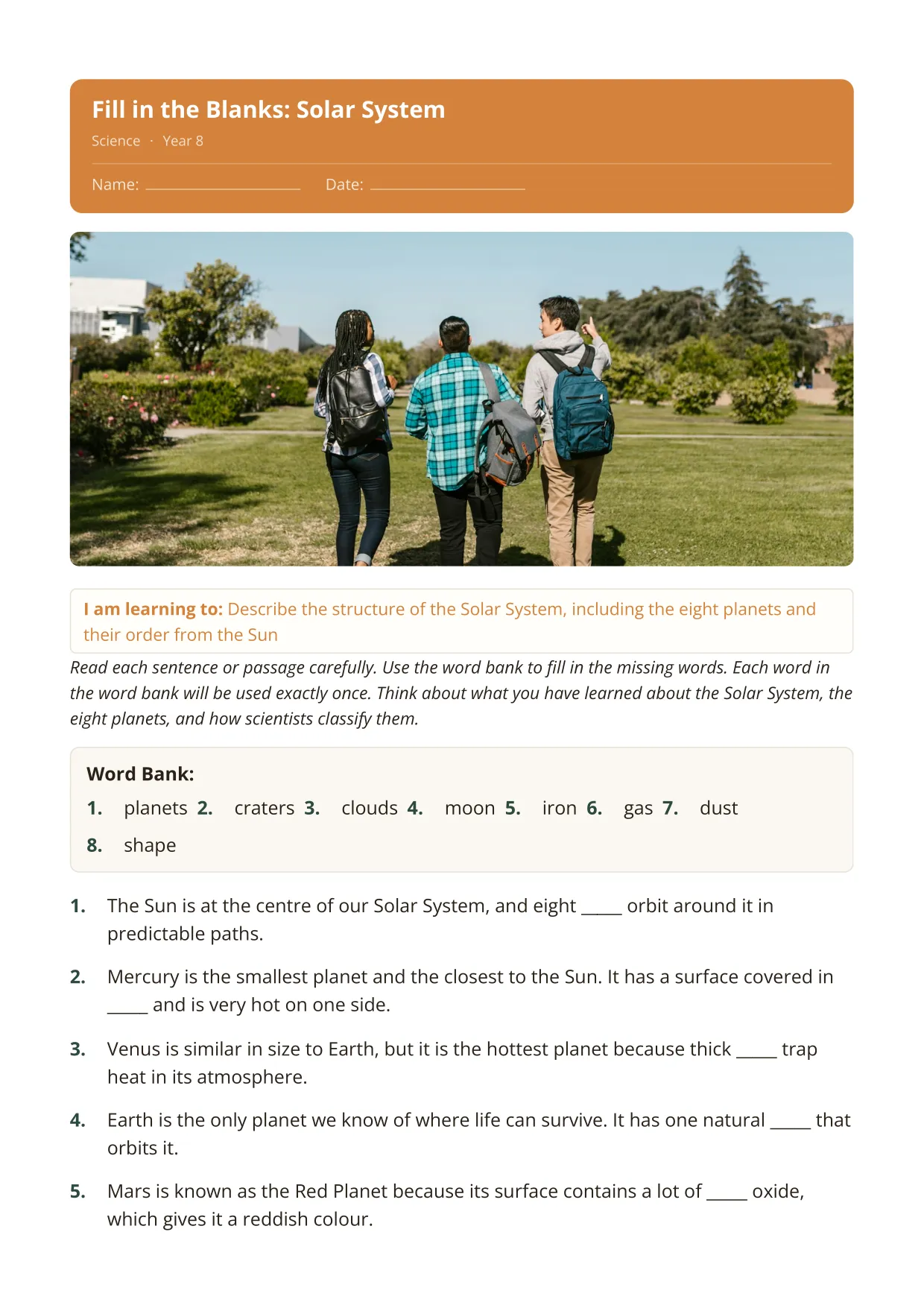 Solar System Fill in the Blanks, Science · Year 12