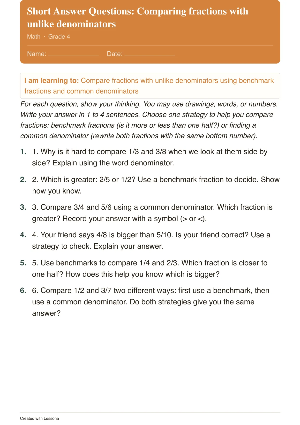 Comparing Fractions Practice, Math · Grade 4