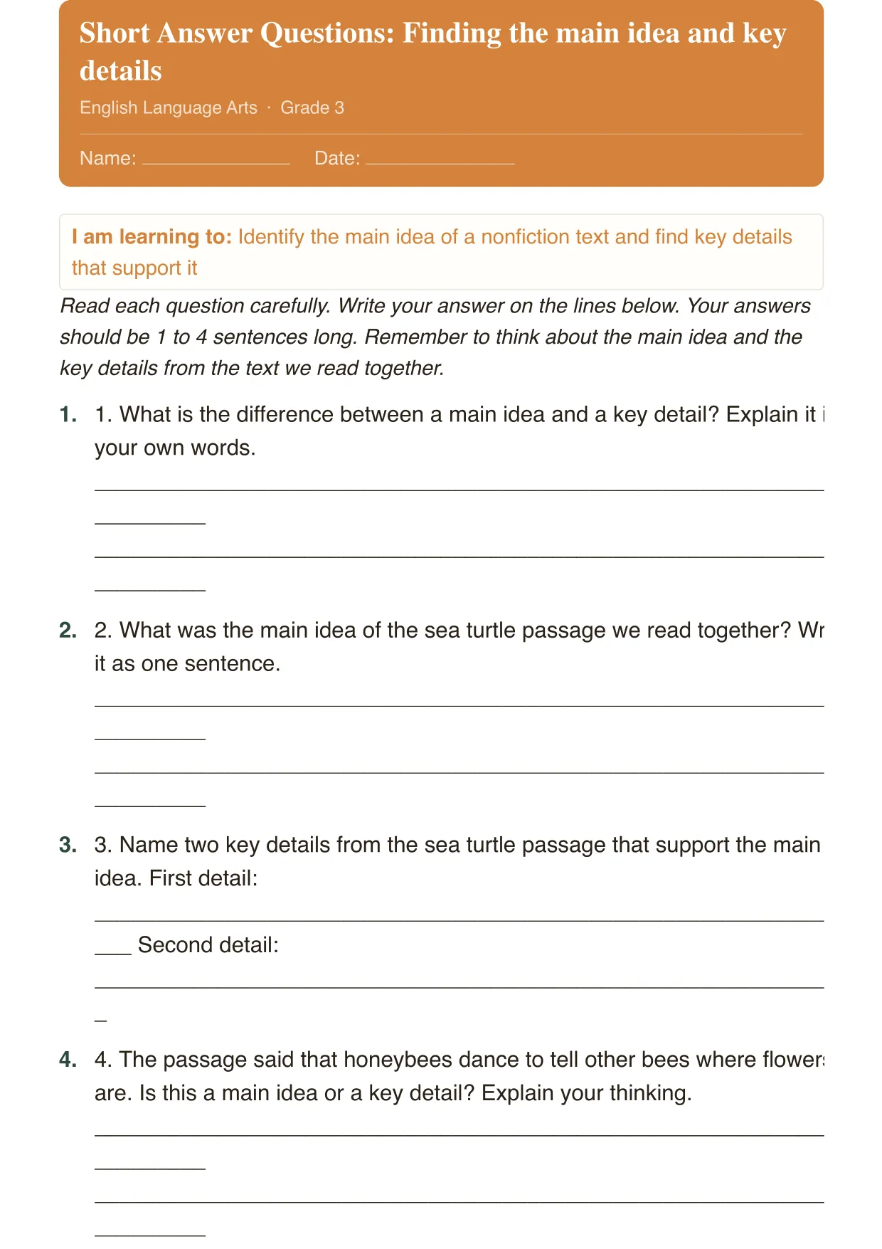 Main Idea and Details, ELA · Grade 3