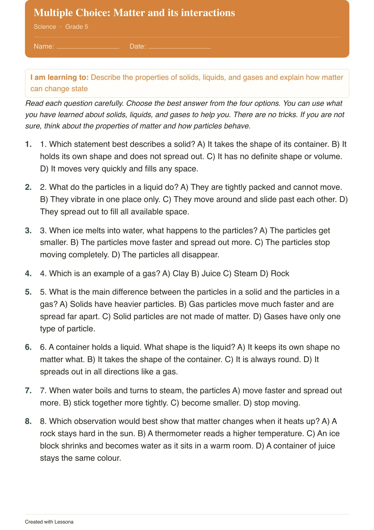 Matter Multiple Choice, Science · Grade 5