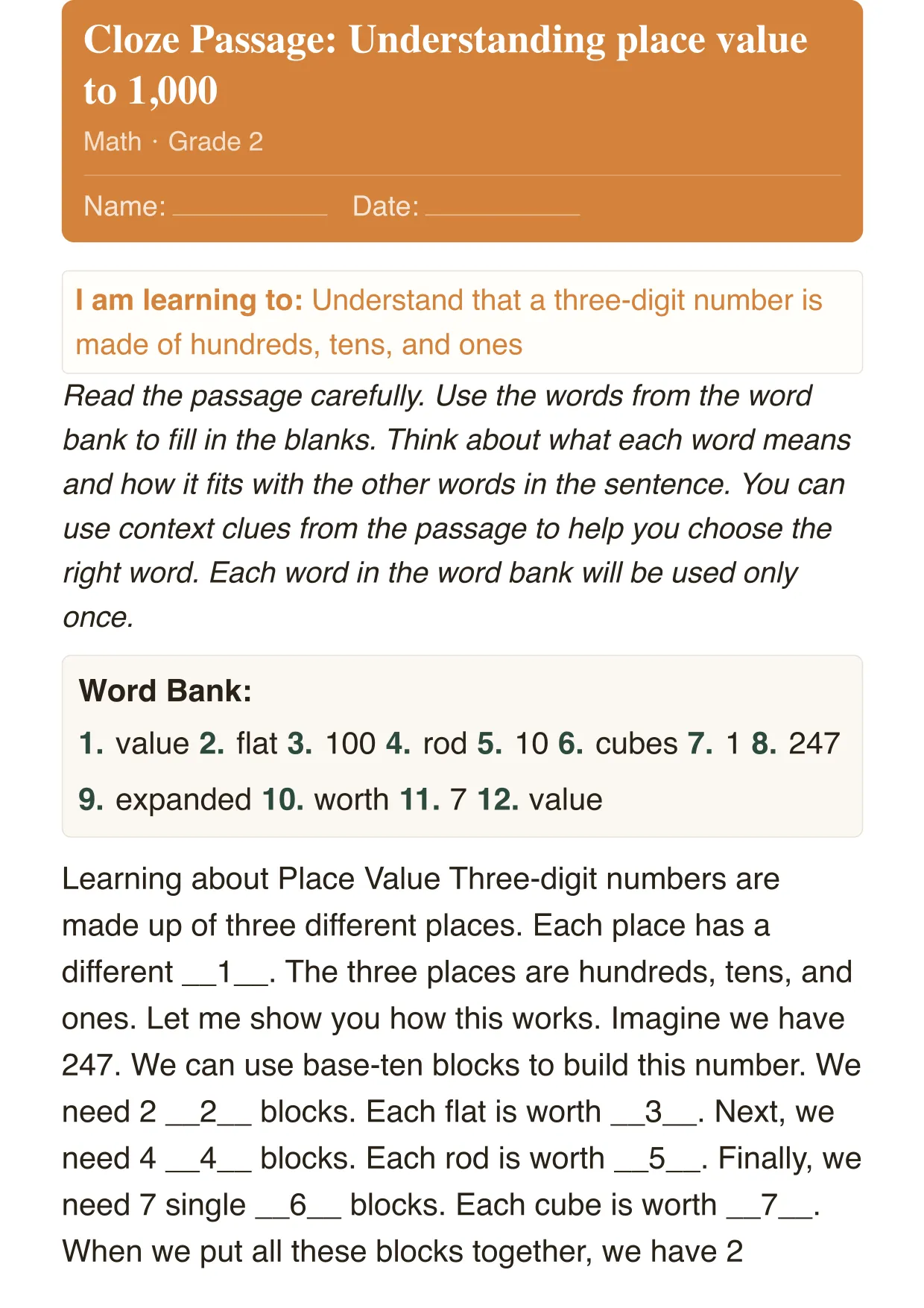 Place Value Fill in the Blanks, Math · Grade 2
