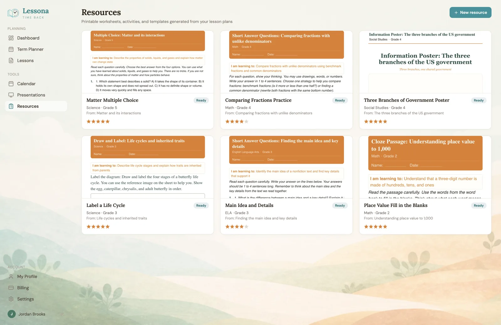 The Lessona resources screen showing generated worksheets and posters